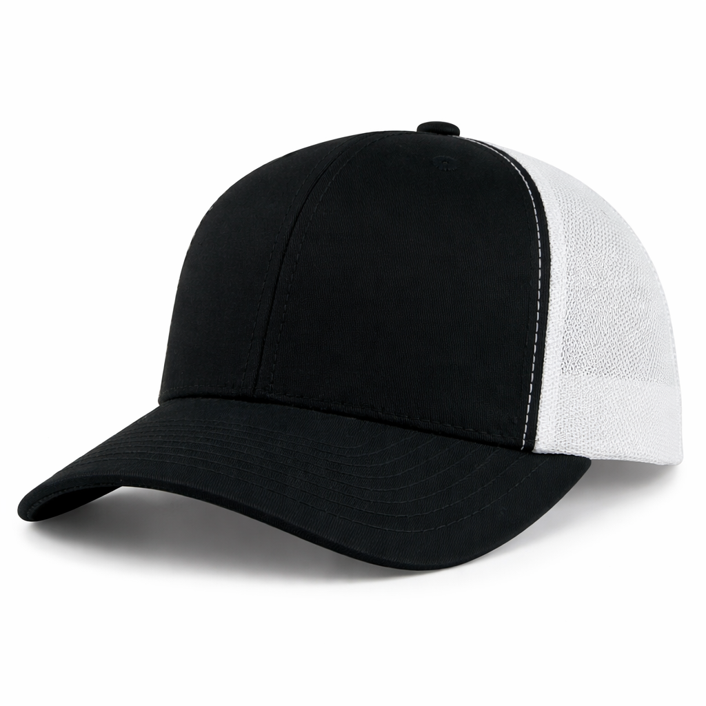The S&S Activewear Retro Trucker Cap features a solid black front and bill, white mesh back panel, and an adjustable snapback closure.