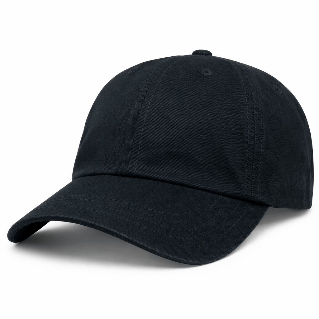 The S&S Activewear Adult Low-Profile Cotton Twill Dad Cap in plain black is displayed against a white background, featuring a curved brim and classic dad cap style.