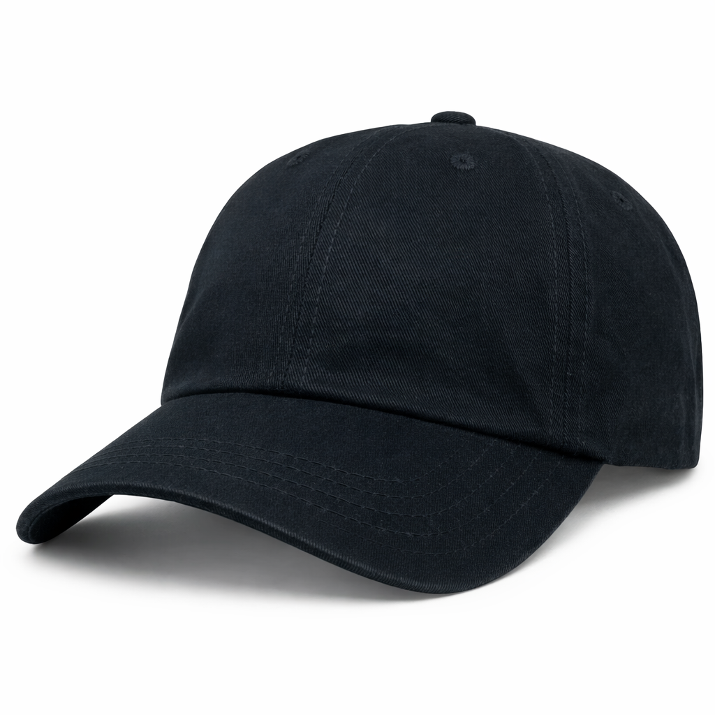 The S&S Activewear Adult Low-Profile Cotton Twill Dad Cap in plain black is displayed against a white background, featuring a curved brim and classic dad cap style.