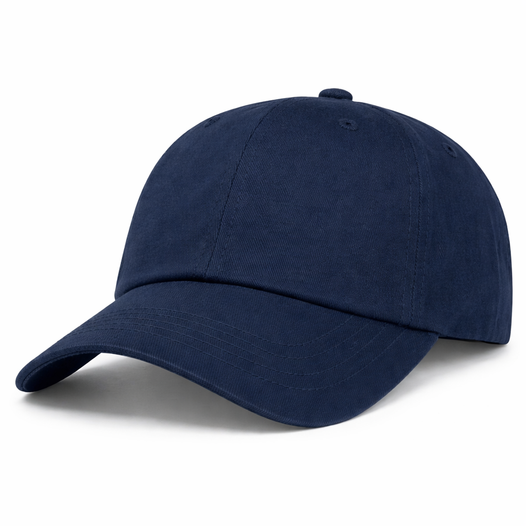 The S&S Activewear Adult Low-Profile Cotton Twill Dad Cap features a plain navy blue design, curved brim, and stitched panels, shown against a white background.