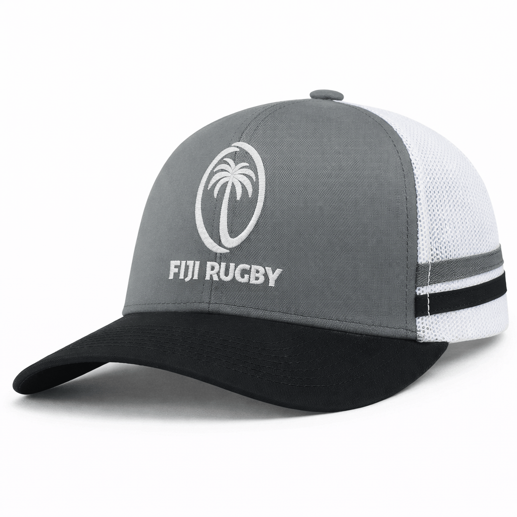 The Fiji Low Profile Stripe Trucker Cap - Limited Edition by Augusta Sportswear is a gray and white mesh hat with a black brim, palm tree logo, and "FIJI RUGBY" on the front.