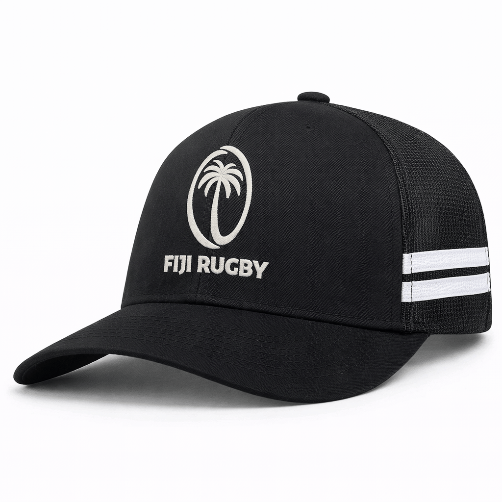 Augusta Sportswear’s Fiji Low Profile Stripe Trucker Cap - Limited Edition features "Fiji Rugby" text, a palm tree logo on the front, and two white stripes on the mesh back panel.
