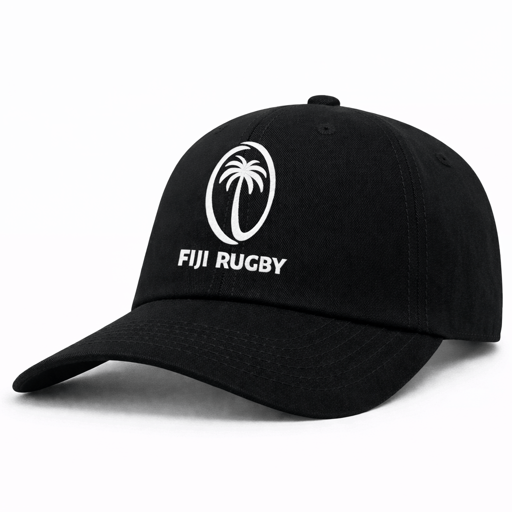 The Fiji Cotton Twill Dad Cap by EMB S&S Activewear features a black design with a white palm tree logo and embroidered "FIJI RUGBY" text on the front. Classic dad cap style, perfect for everyday wear.