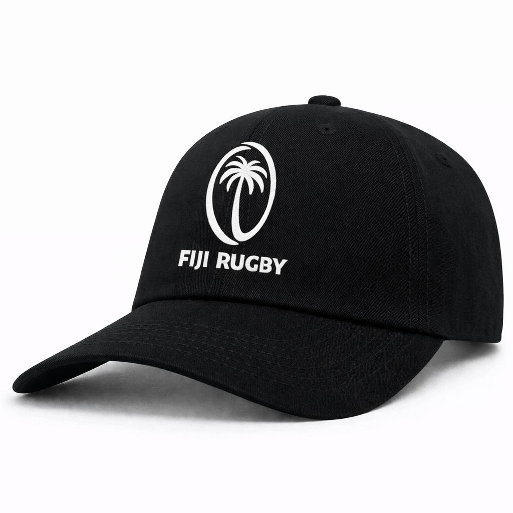 The Fiji Cotton Twill Dad Cap by EMB S&S Activewear features a black design with a white palm tree logo and embroidered "FIJI RUGBY" text on the front. Classic dad cap style, perfect for everyday wear.