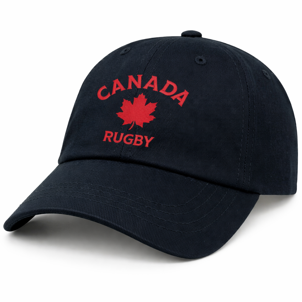 The Nations of Rugby Canada Rugby Dad Cap by EMB S&S Activewear features "CANADA RUGBY" and a red maple leaf embroidered on black—a must-have accessory for fans.