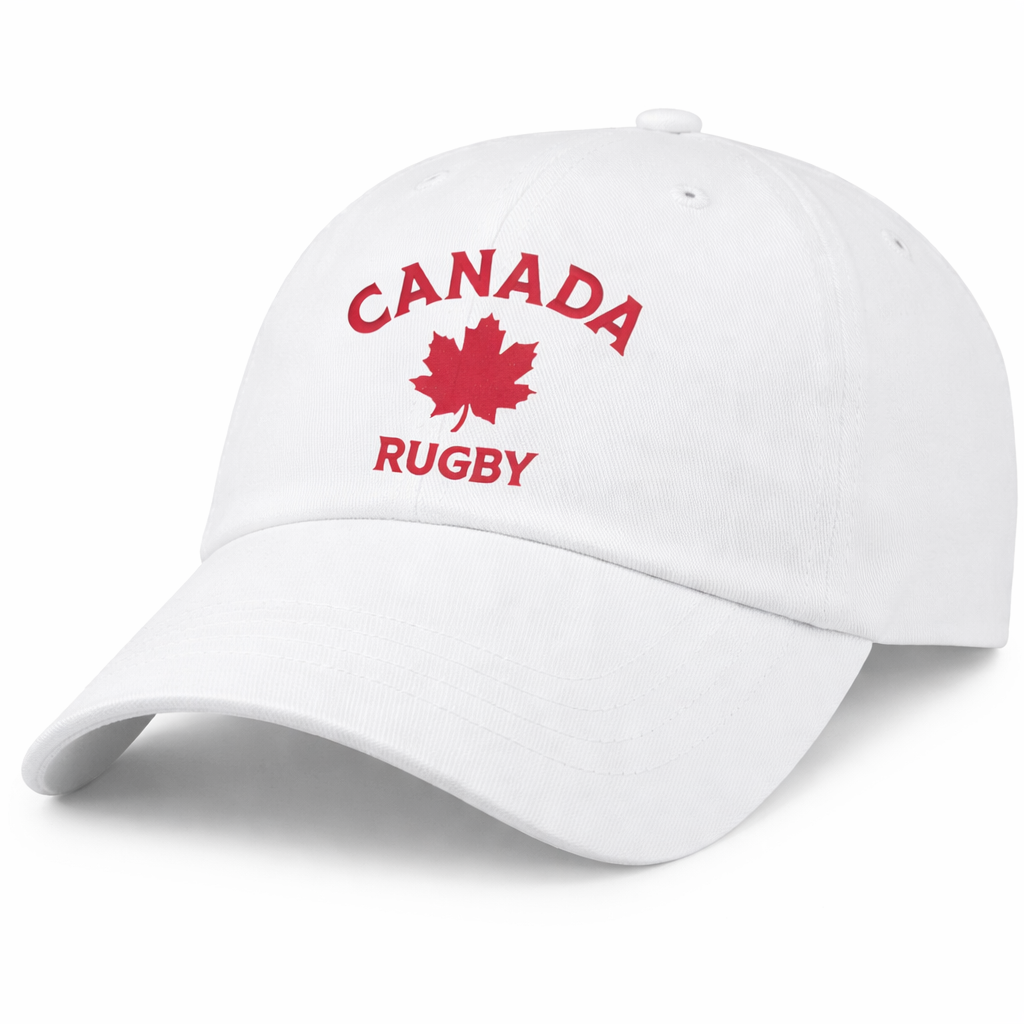 The EMB S&S Activewear Nations of Rugby Canada Rugby Dad Cap features "CANADA RUGBY" and a red maple leaf embroidered on the front—a classic hat for rugby fans inspired by Canadian team style.