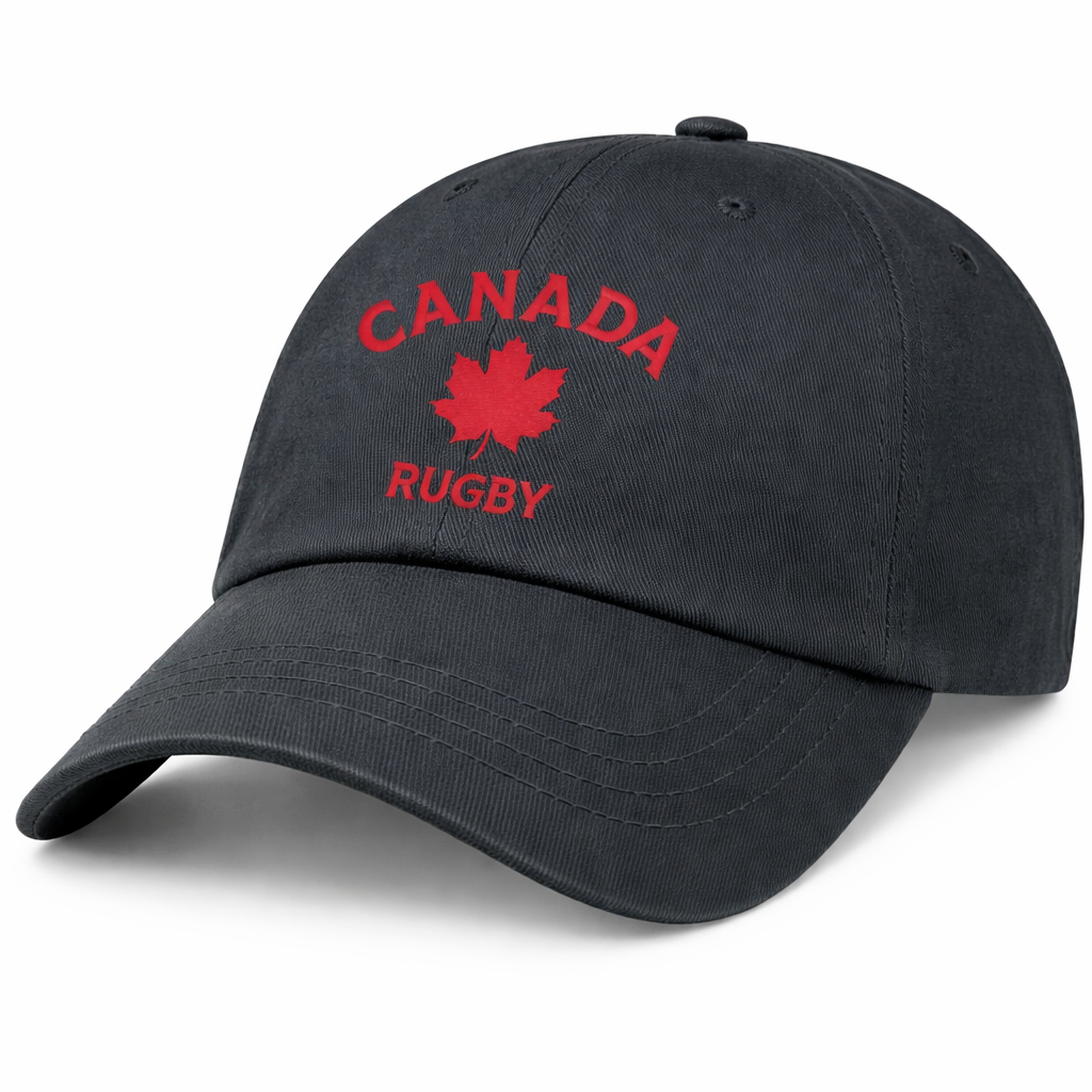 The EMB S&S Activewear Nations of Rugby Canada Rugby Dad Cap is a black cap featuring "CANADA RUGBY" and a red maple leaf, both expertly embroidered—a perfect hat for rugby fans and players.