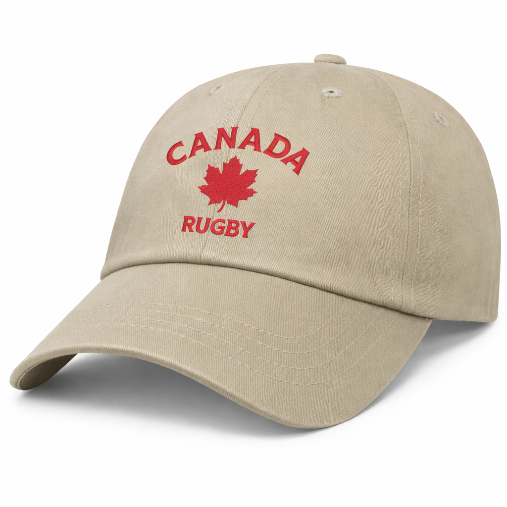 The EMB S&S Activewear Nations of Rugby Canada Rugby Dad Cap features "Canada Rugby" and a red maple leaf embroidered on beige—ideal for showing your Canadian rugby pride.