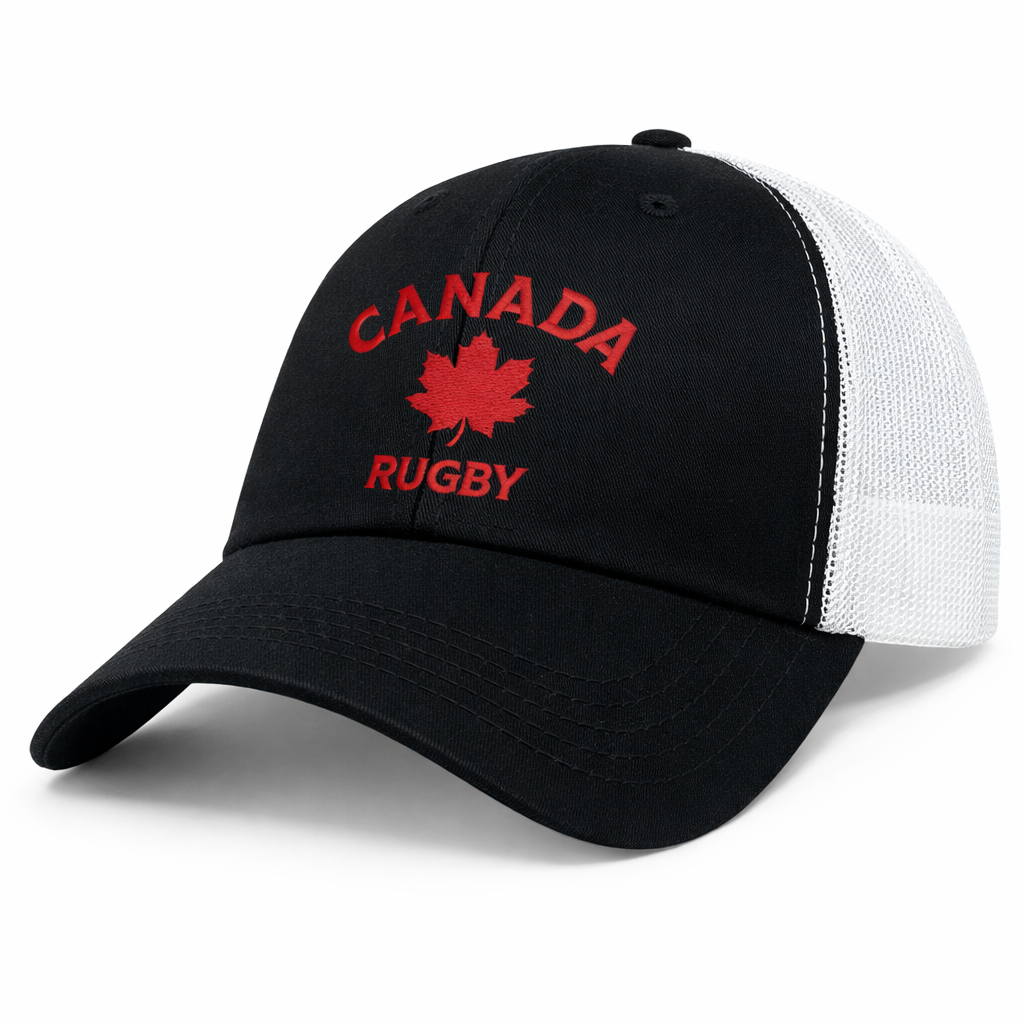 The Nations of Rugby Canada Rugby Retro Trucker Cap by EMB S&S Activewear features black and white panels, "CANADA RUGBY" and a red maple leaf embroidered on the front, plus an adjustable snapback closure.