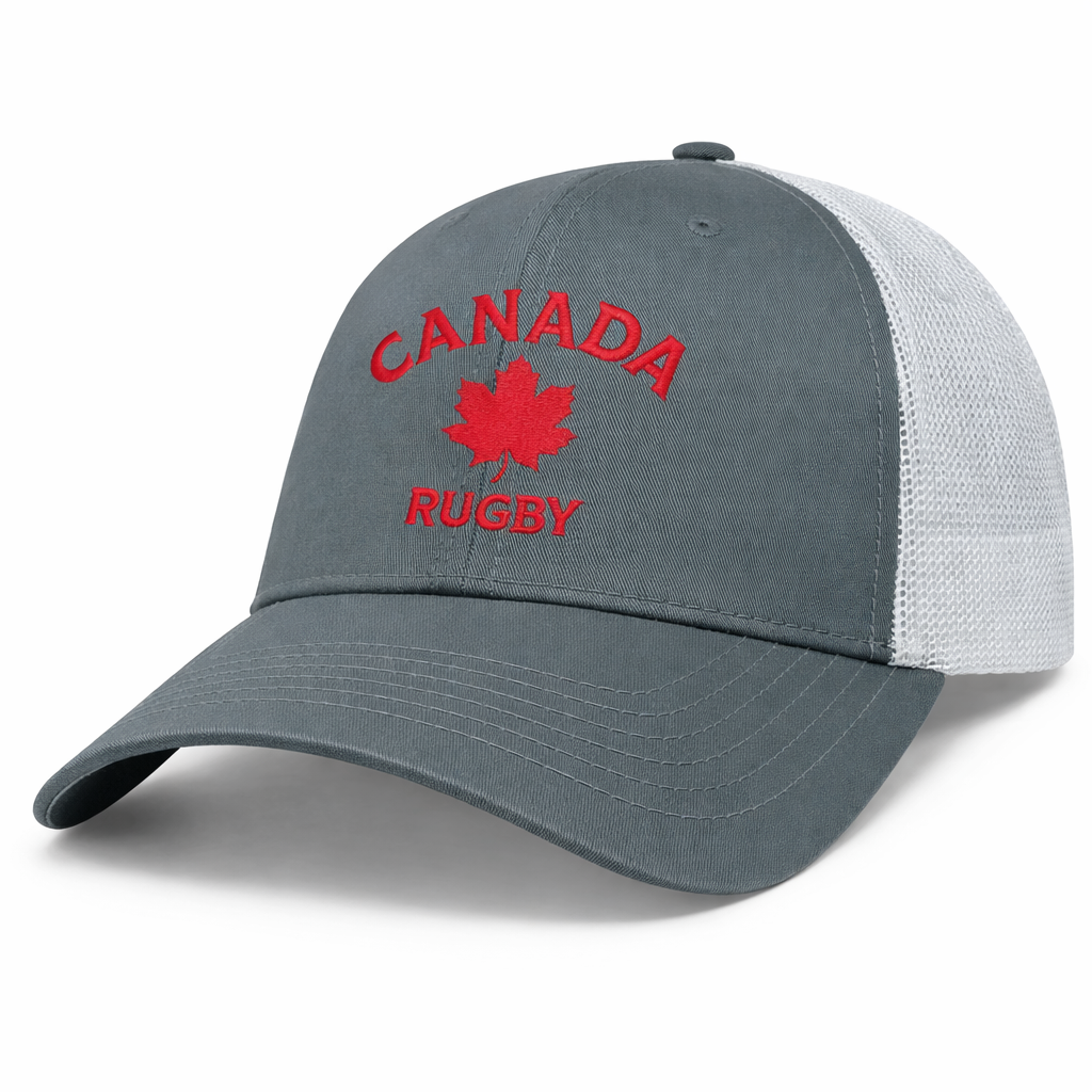 The EMB S&S Activewear Nations of Rugby Canada Rugby Retro Trucker Cap features gray and white panels, "Canada Rugby" embroidery with a red maple leaf, and an adjustable snapback closure for the perfect fit.