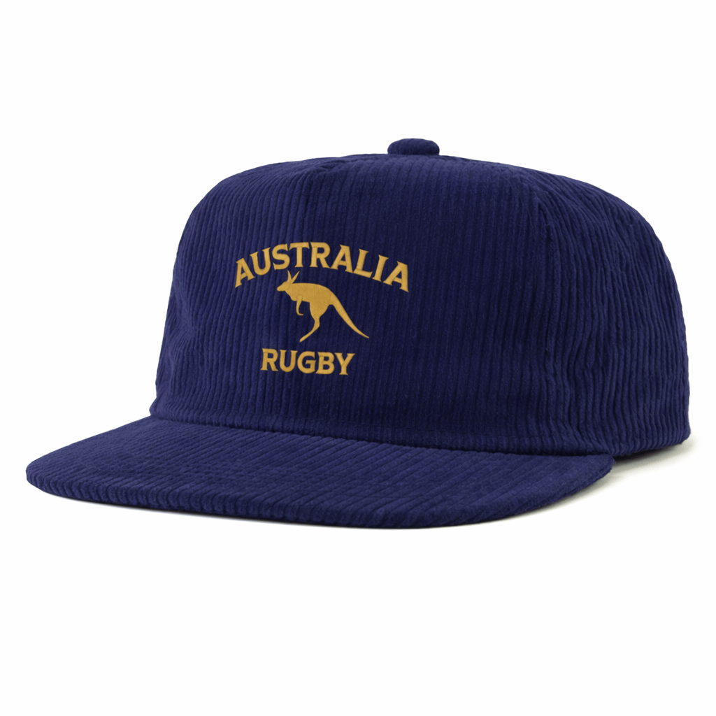 The EMB Weld Nations of Rugby Australia Corduroy Field Trip Cap in navy blue features "Australia Rugby" and a yellow kangaroo logo embroidered on the front, offering classic style with vintage workwear hat appeal.