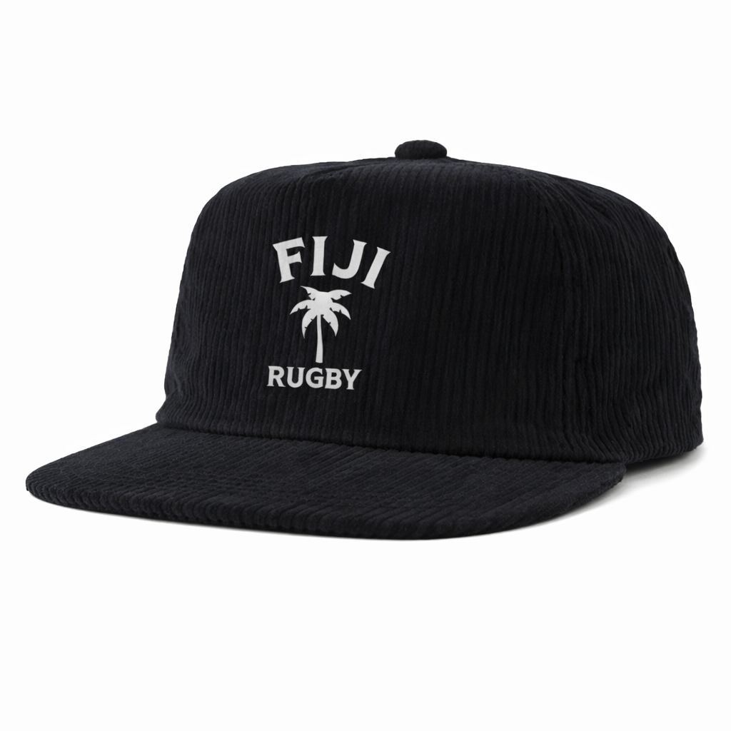 The EMB Weld Nations of Rugby Fiji Corduroy Field Trip Cap is a black cap with bold white "FIJI RUGBY" text and a palm tree graphic—perfect for any Fiji Rugby supporter.