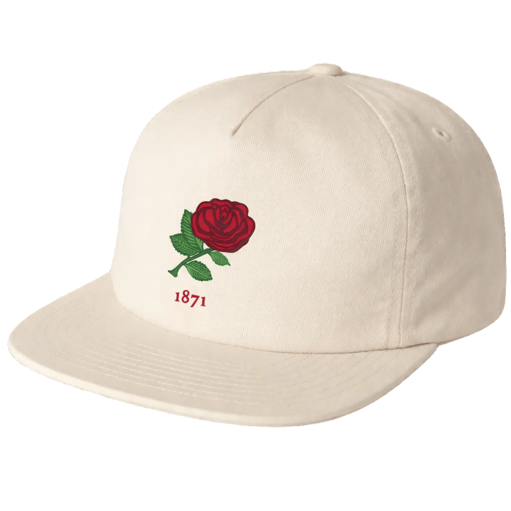 The EMB Weld Nations of Rugby England Vintage Brushed Cotton Cap is beige, with a front embroidered red rose, green leaves, and "1871," inspired by classic England rugby cap designs.