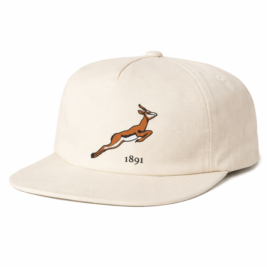 The EMB Weld Nations of Rugby South Africa Vintage Brushed Cotton Cap features an embroidered leaping antelope above "1891," paying tribute to South Africa's rugby cap heritage.