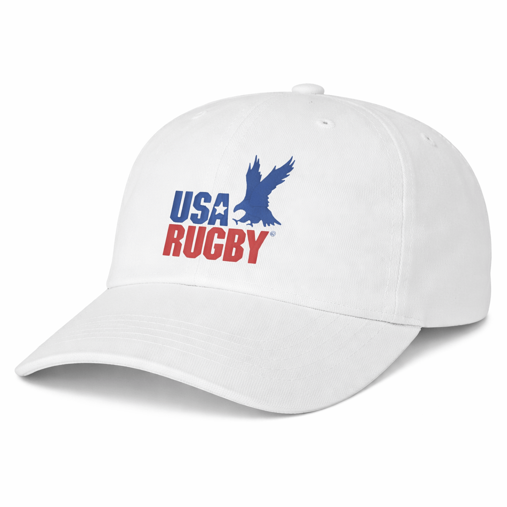 The USA Rugby Throwback Dad Cap by EMB S&S Activewear features a white design with blue eagle embroidery and bold blue and red "USA RUGBY" text—an ideal dad hat for devoted rugby fans.