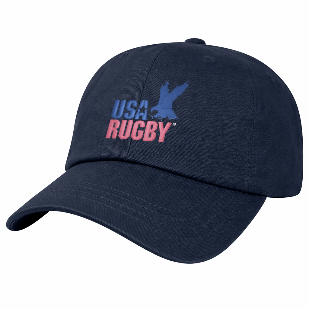 The USA Rugby Throwback Dad Cap by EMB S&S Activewear features "USA RUGBY" and an eagle logo embroidered in blue and red—an ideal rugby dad hat for fans.