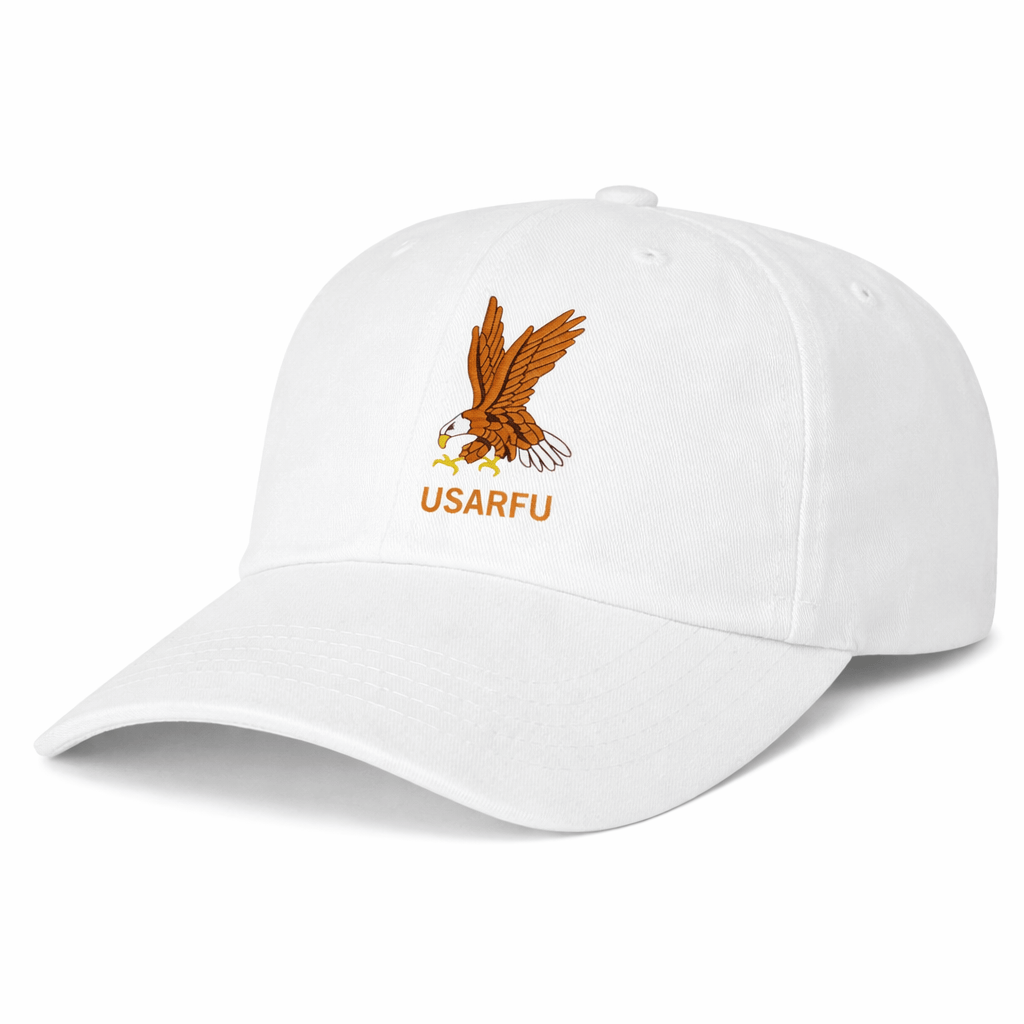 The EMB S&S Activewear USA Rugby Heritage 50th Anniversary Dad Cap is a white cap with an embroidered eagle above "USARFU"—a commemorative accessory ideal for rugby fans and collectors.