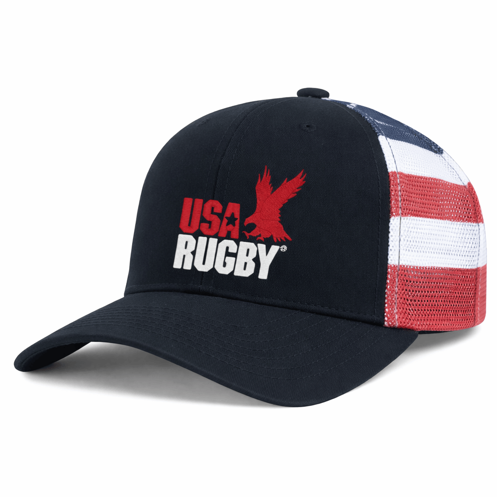 Show your pride with the EMB Augusta USA Rugby Throwback Flag Cap— a navy blue cap featuring a bold red eagle logo and mesh back with an American flag design. Perfect for true rugby fans!.