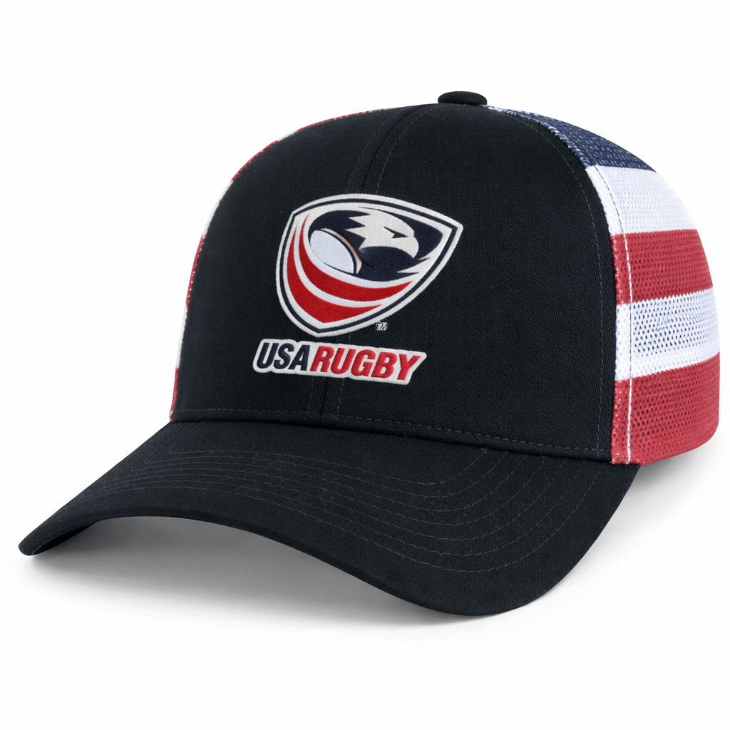 Show your team pride with the EMB Augusta USA Rugby Crest Flag Cap, featuring a bold crest logo and patriotic red, white, and blue striped mesh panels on the sides.