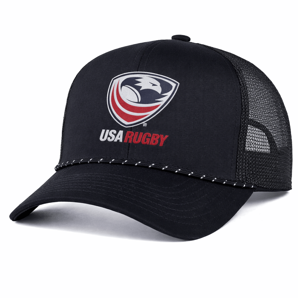The EMB Augusta USA Rugby Trucker Snapback Braid Cap features a mesh back, curved brim, and an embroidered USA Rugby crest and text on the front.