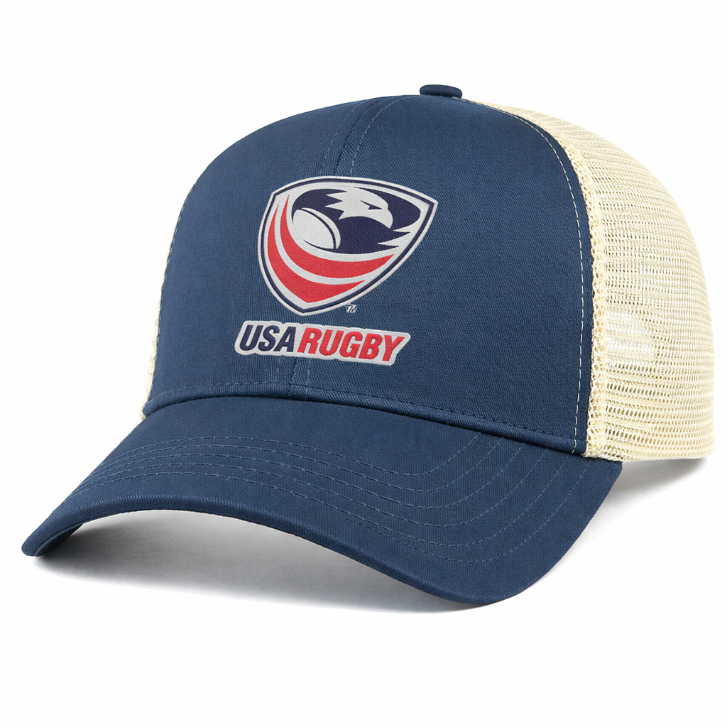 The USA Rugby Eco Trucker Cap by EMB S&S Activewear features navy blue and beige colors, mesh panels, the official logo on the front, and eco-friendly materials for classic team style.