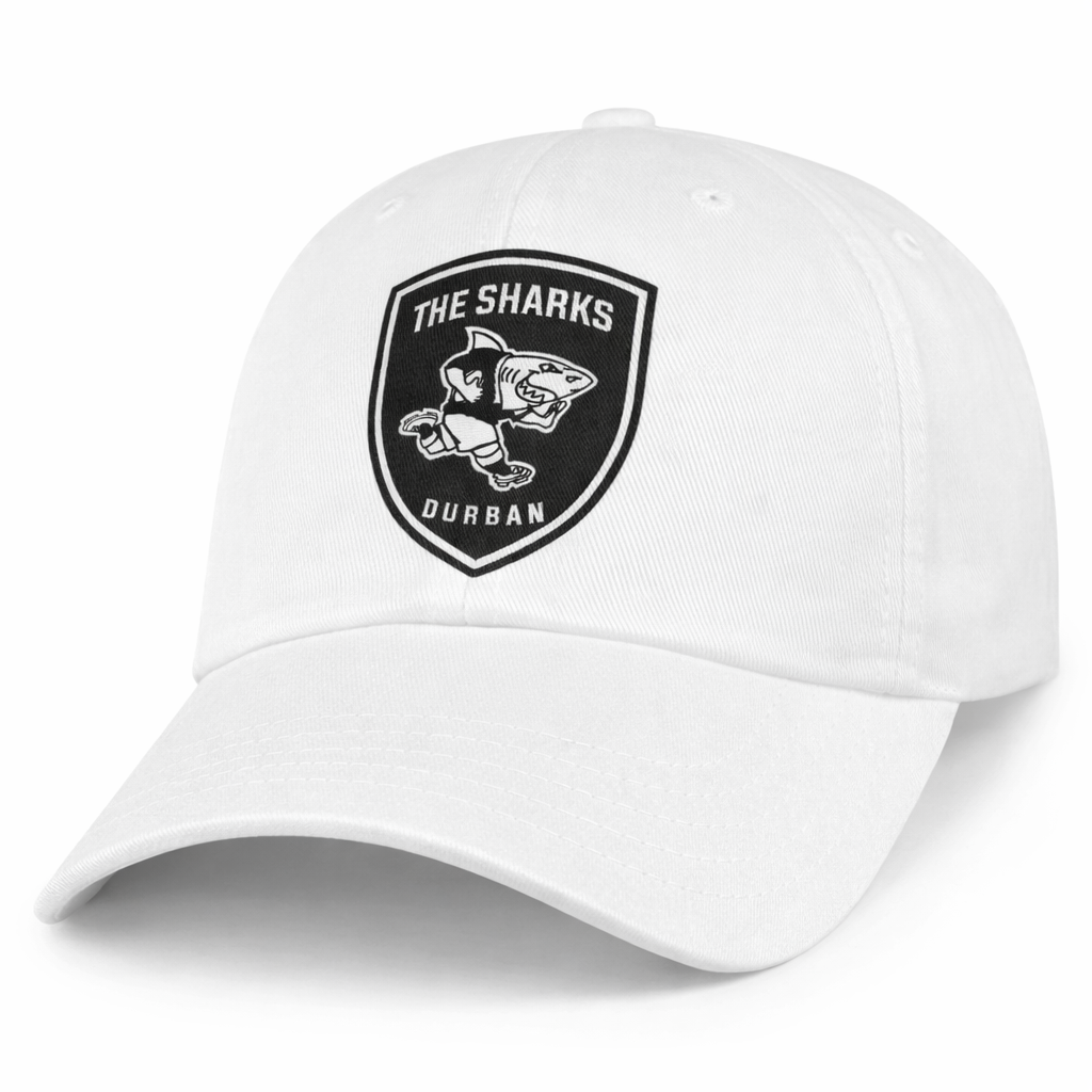 The Sharks Crest Cotton Twill Dad Cap by EMB S&S Activewear features a shark with a rugby ball logo—perfect for South Africa rugby fans and a stylish must-have for any Sharks supporter.