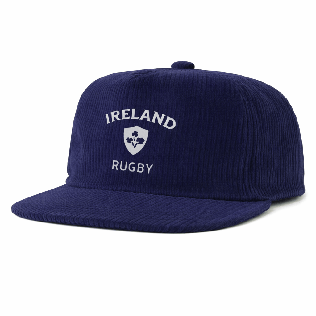 Support Ireland Rugby in style with the EMB Weld Nations of Rugby Ireland Corduroy Field Trip Cap, featuring a navy blue corduroy design and embroidered "Ireland Rugby" with shield logo—perfect for proud fans.