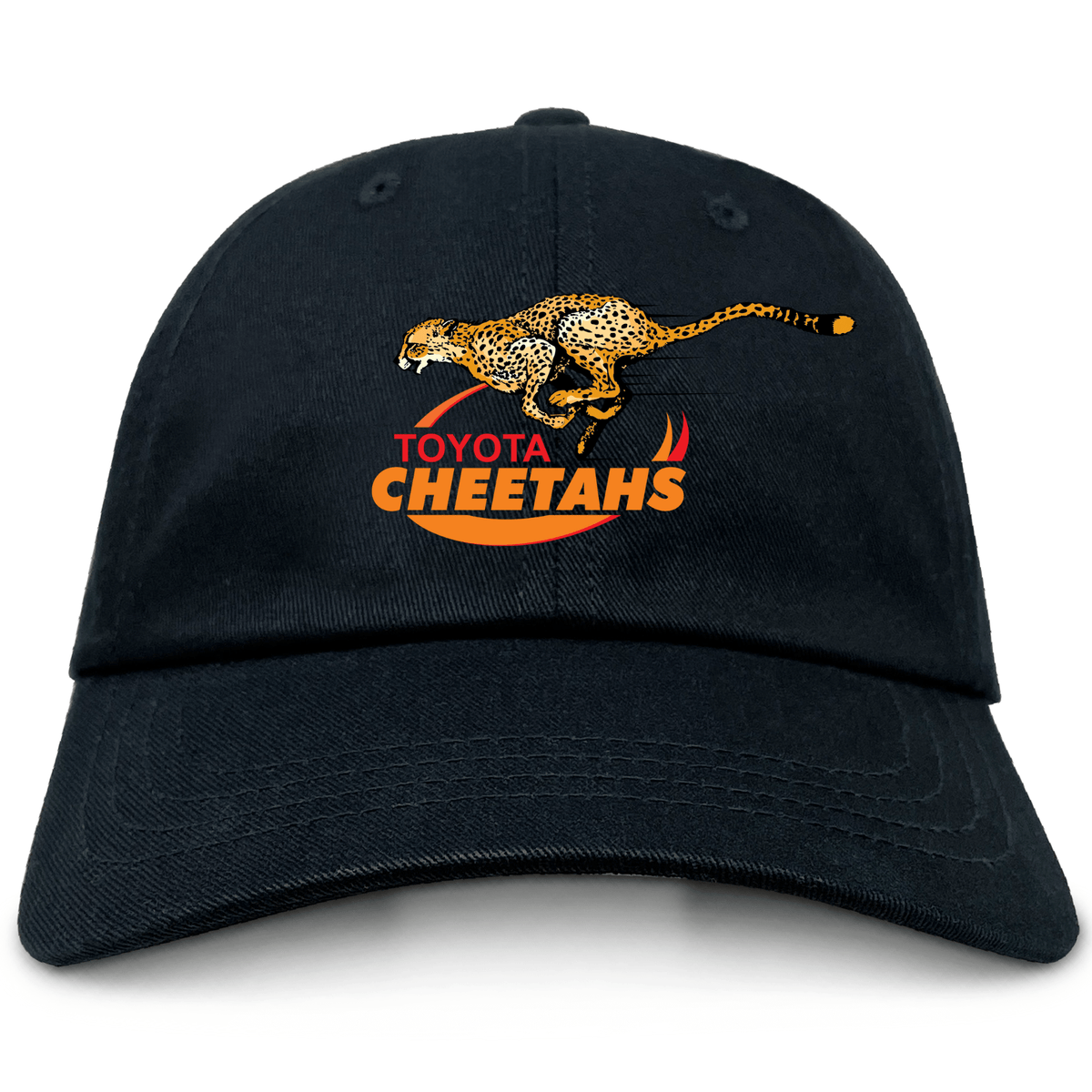 The Cheetahs Cotton Twill Dad Cap by EMB S&S Activewear is a black cotton twill hat featuring embroidered team branding with the Toyota Cheetahs logo, an illustrated cheetah, and striking red and orange accents.