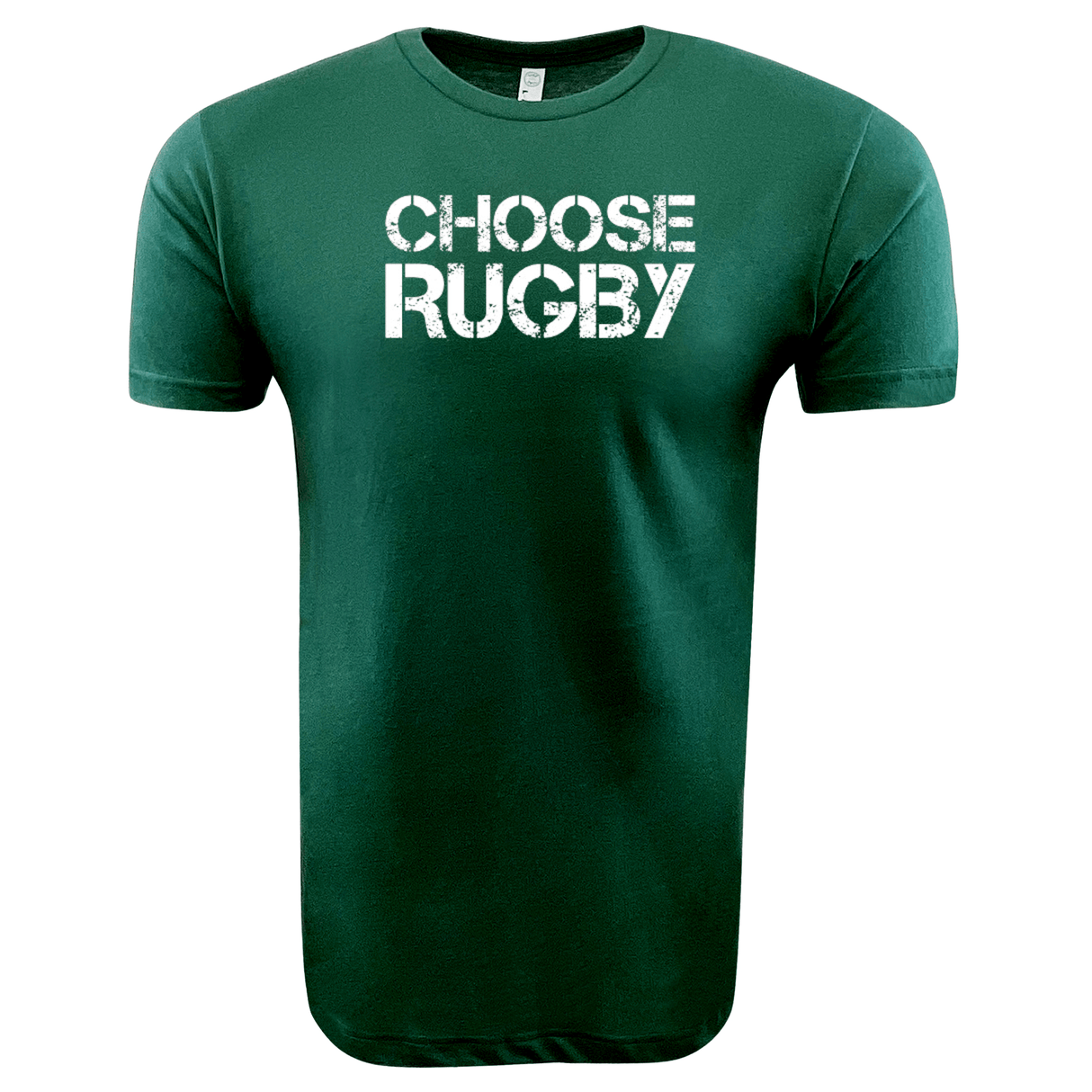 Green T-shirt with the text "CHOOSE RUGBY" in distressed white letters on the front, perfect for rugby enthusiasts. Part of the exclusive 99 Collection, this Choose Rugby Supersoft Tee - 99 Collection from WRS LAT offers unmatched comfort and style.