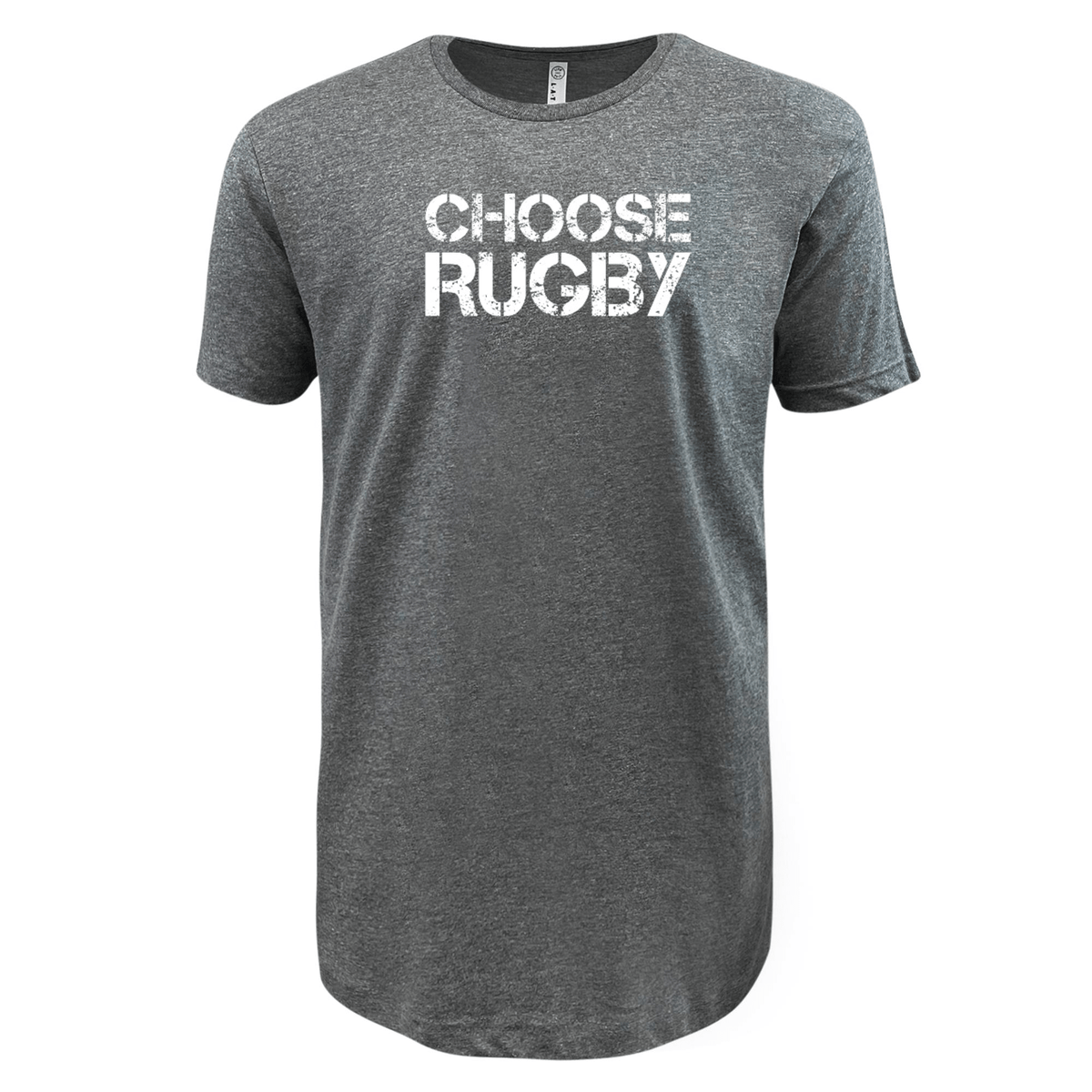 Grey Choose Rugby Supersoft Tee - 99 Collection with the words "CHOOSE RUGBY" printed in white, distressed lettering on the front, perfect for rugby enthusiasts by WRS LAT.