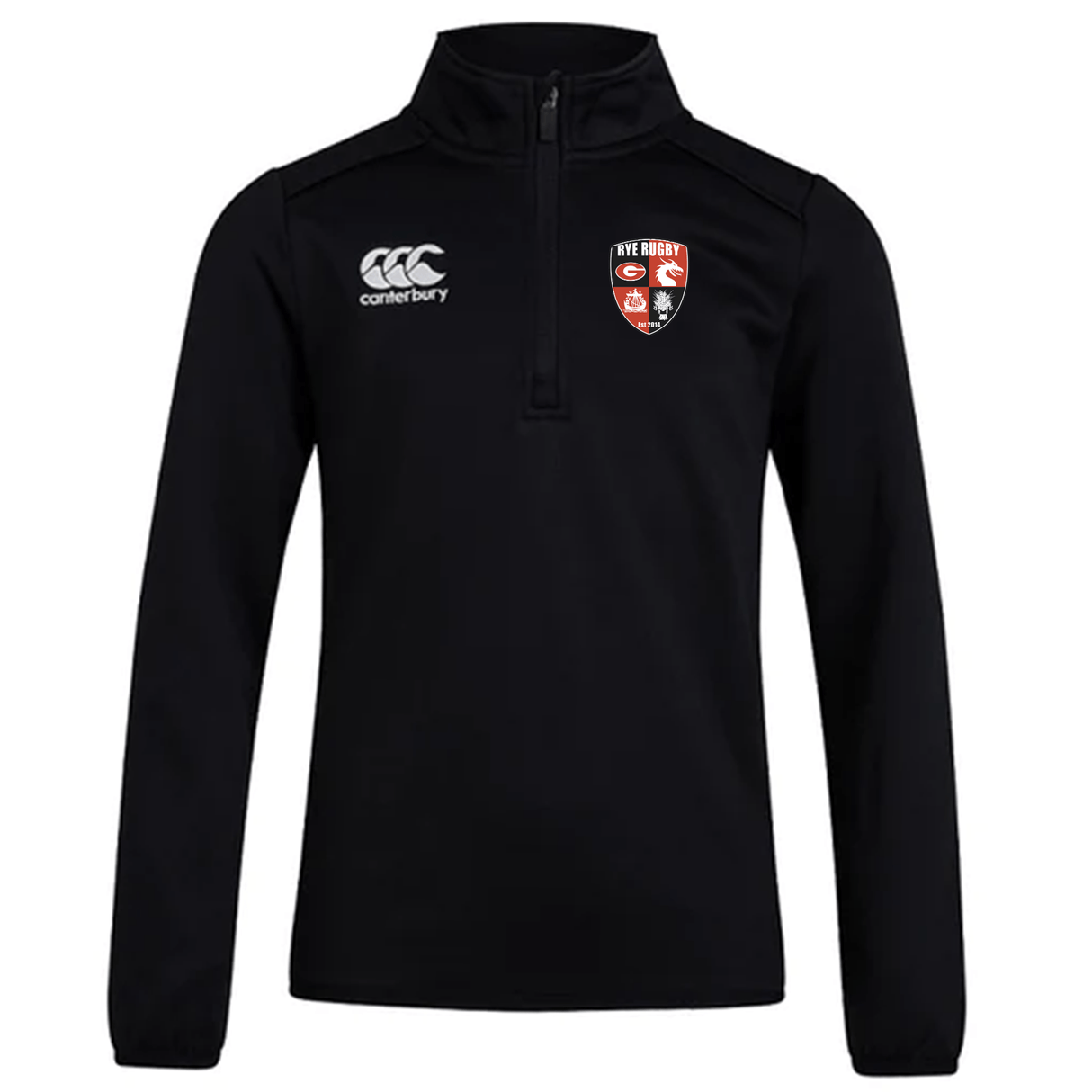 A black Rye High School Rugby Club 1/4 Zip Mid Layer Training Top with EMB Canterbury and rugby team logos on the chest, designed as a rugby training top.