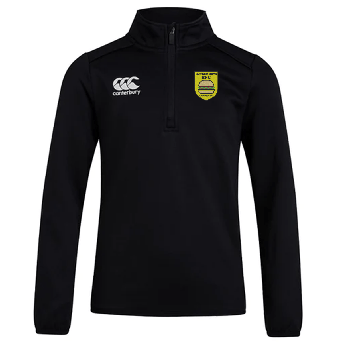 Black Burger Boys RFC Club 1/4 Zip Mid Layer Training Top by EMB Canterbury with logo on the right chest and a yellow and green emblem on the left.