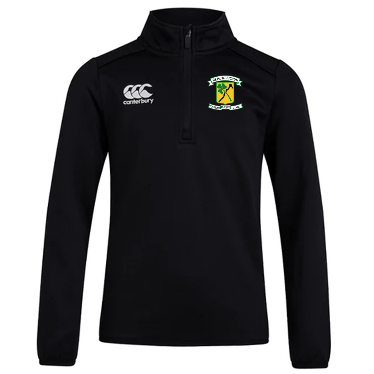 Black Blackthorn RFC Club 1/4 zip mid-layer pullover featuring the EMB Canterbury logo on the right chest and a sports team emblem on the left chest.