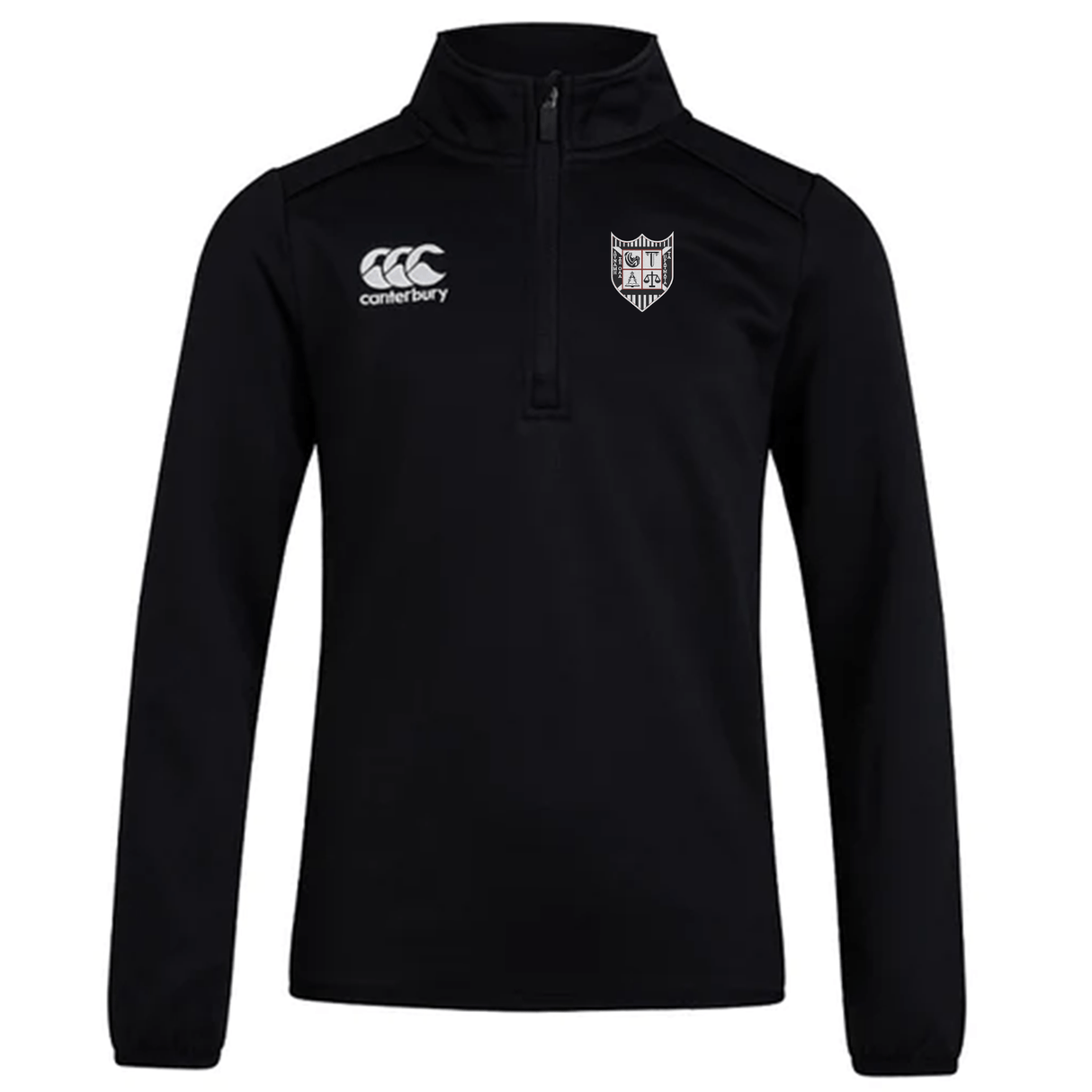 A black Troy University Rugby Club 1/4 zip mid-layer featuring a CCC logo on the left chest and a shield crest on the right chest by EMB Canterbury.