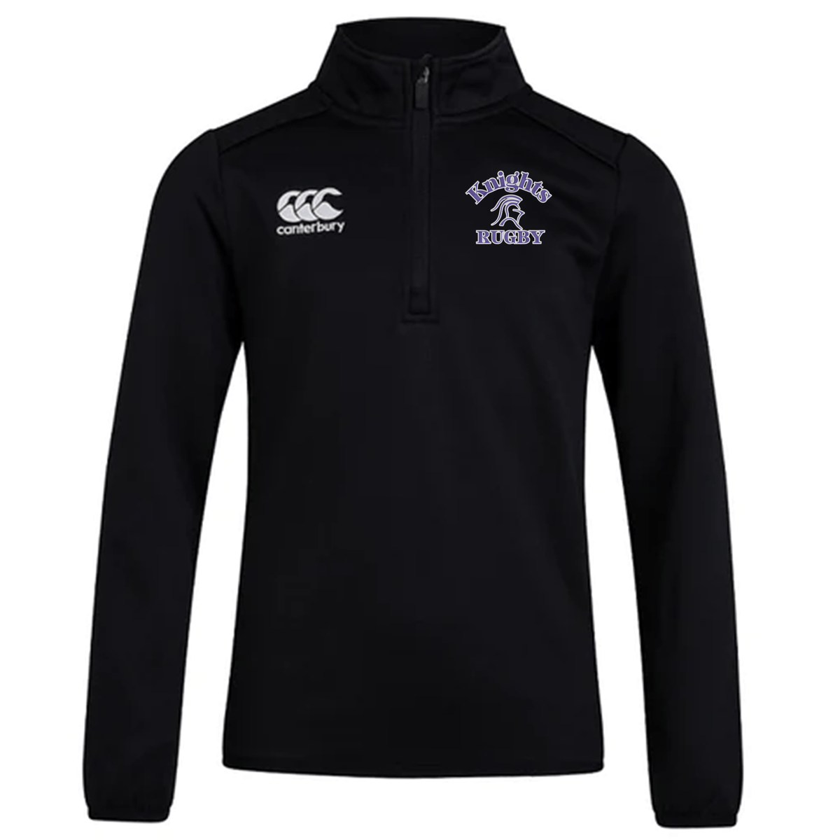Black rugby training top with a half-zip design, Canterbury logo on the left chest, and "Knights Rugby" text with a knight's helmet on the right chest. This versatile Ardrey Kell Rugby Club 1/4 Zip Mid Layer Training Top by EMB Canterbury is perfect for both practice sessions and casual wear.