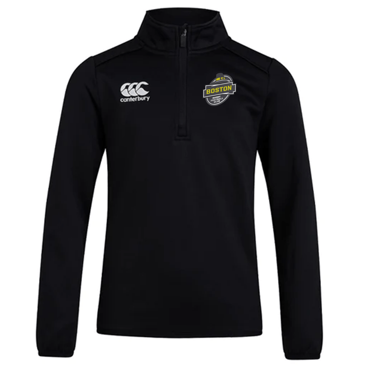 Black EMB Canterbury 1/4 zip mid layer with logos on the chest, featuring a CCC Club logo on the right and a "Boston" badge on the left.