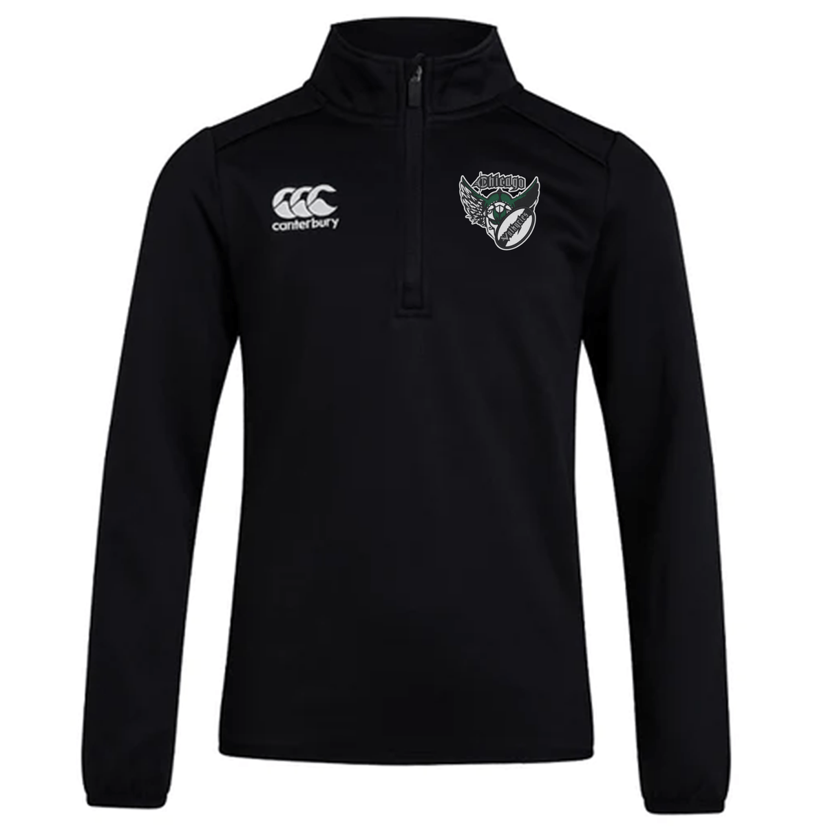 Black Chicago Valkyries Club 1/4 Zip Mid Layer Training Top with a logo featuring a wolf on the right chest by EMB Canterbury.