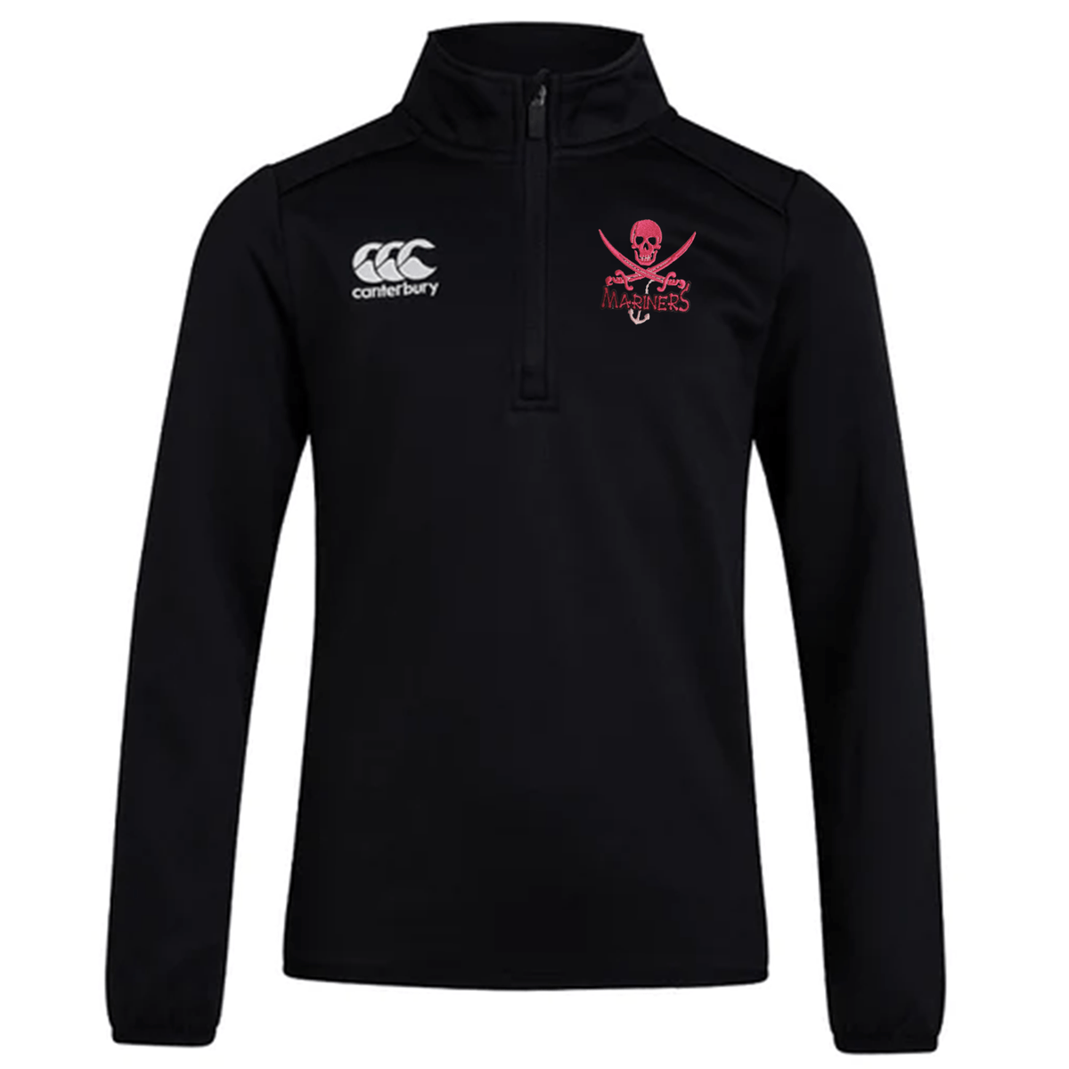 Black rugby training top with EMB Canterbury logo on the left side of the chest and a SUNY Maritime Club emblem on the right, 1/4 zip at the collar.