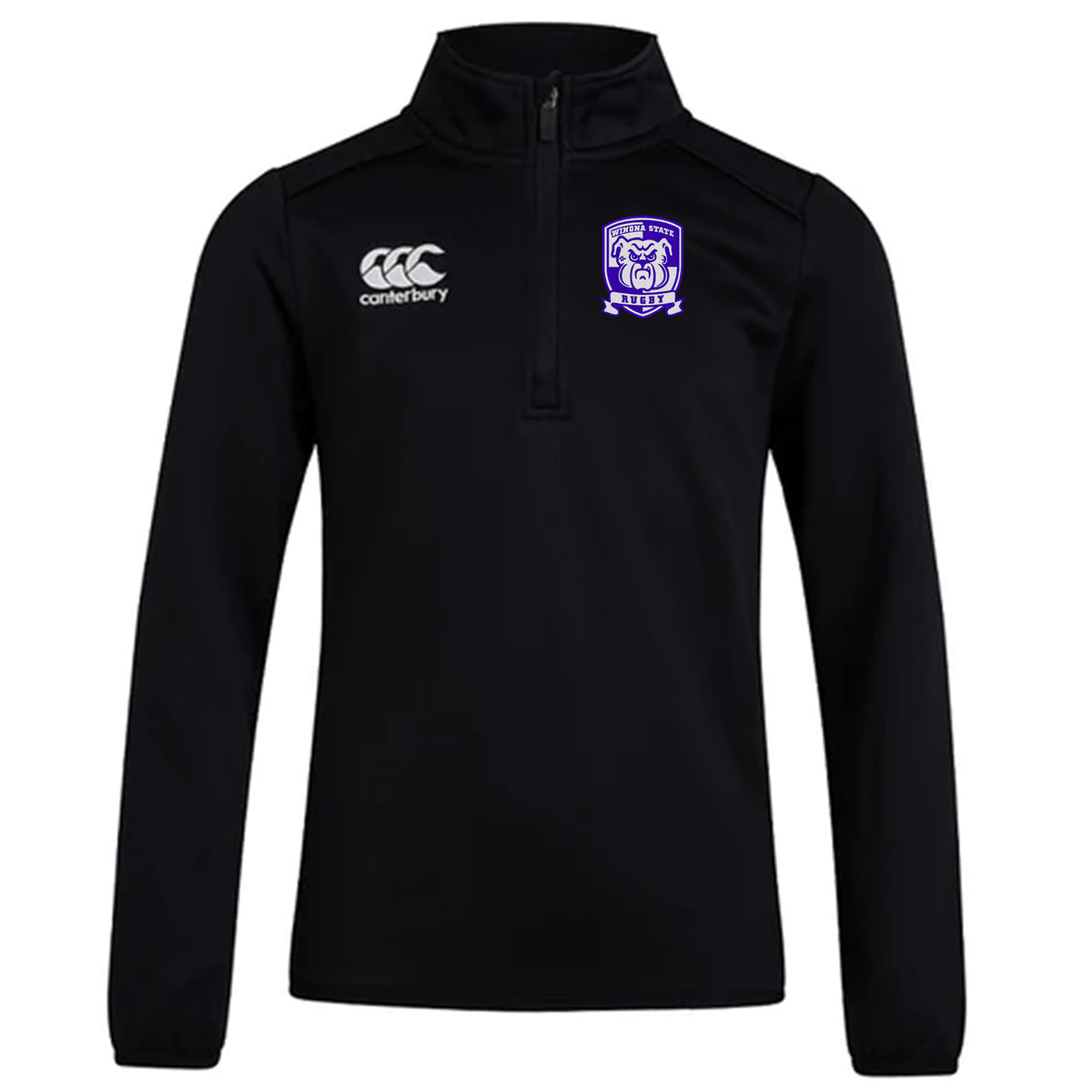 A black fleece fabric quarter-zip pullover with a white "EMB Canterbury" logo on the left chest and a purple crest with text on the right chest, perfect as a Winona State University Club 1/4 Zip Mid Layer Training Top by Canterbury.