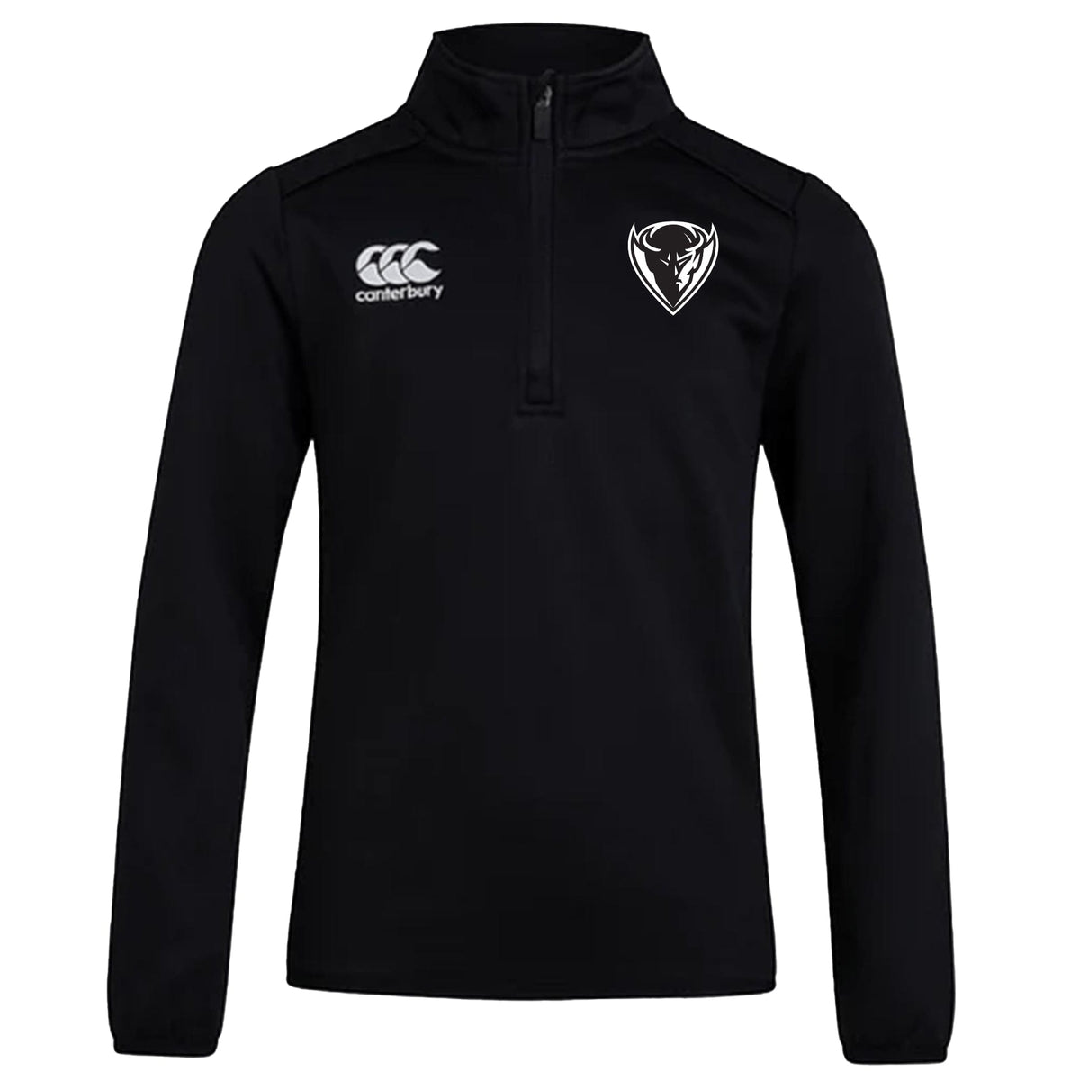 Black DePaul University Club 1/4 Zip Mid Layer Training Top by EMB Canterbury featuring CCC logo embroidery on the right chest, and a heart-shaped emblem on the left chest.
