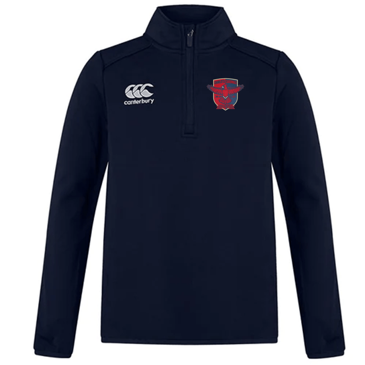 Navy blue Charlotte Cardinals Rugby Club Club 1/4 Zip Mid Layer training top by EMB Canterbury featuring the CCC logo on the right chest and a red bulldog graphic on the left chest.