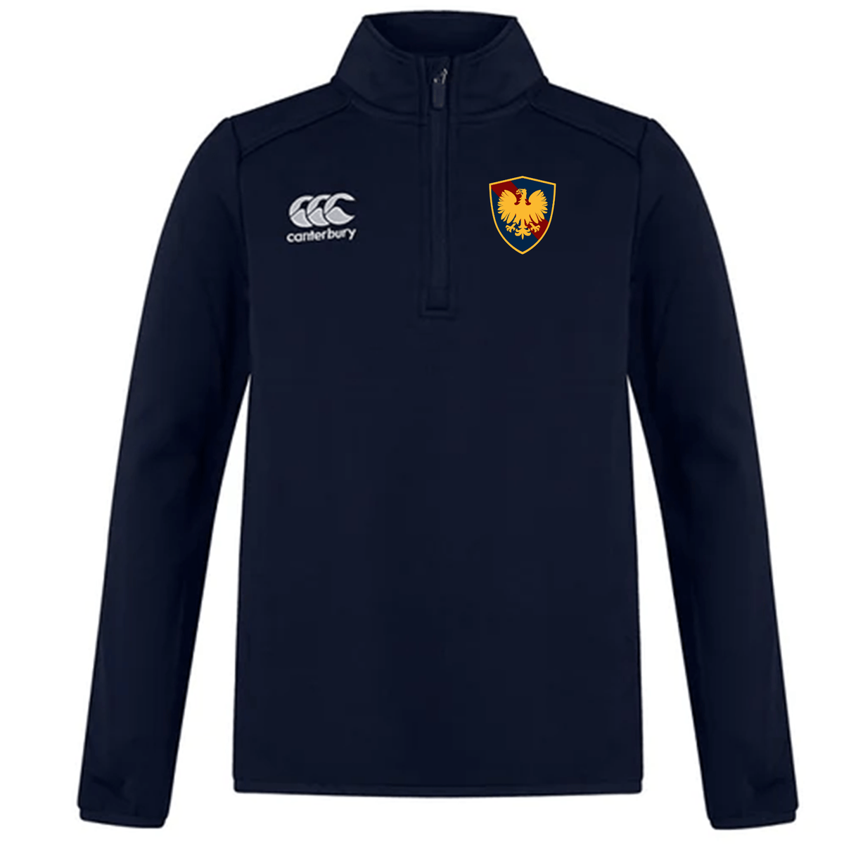 Navy blue rugby training top featuring a CCC logo on the right chest and a lion crest on the left chest, designed with a Cincinnati Classical Academy Club 1/4 Zip Mid Layer Training Top by EMB Canterbury.