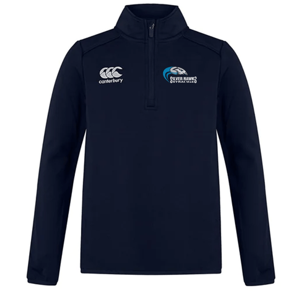 A navy blue Syracuse Silver Hawks Club 1/4 Zip Mid Layer Training Top by EMB Canterbury featuring a "Canterbury" logo on the right chest and a "Silver Hawks Swim Team" logo on the left chest, perfect as a versatile mid layer for cooler days or even as a rugby training top.