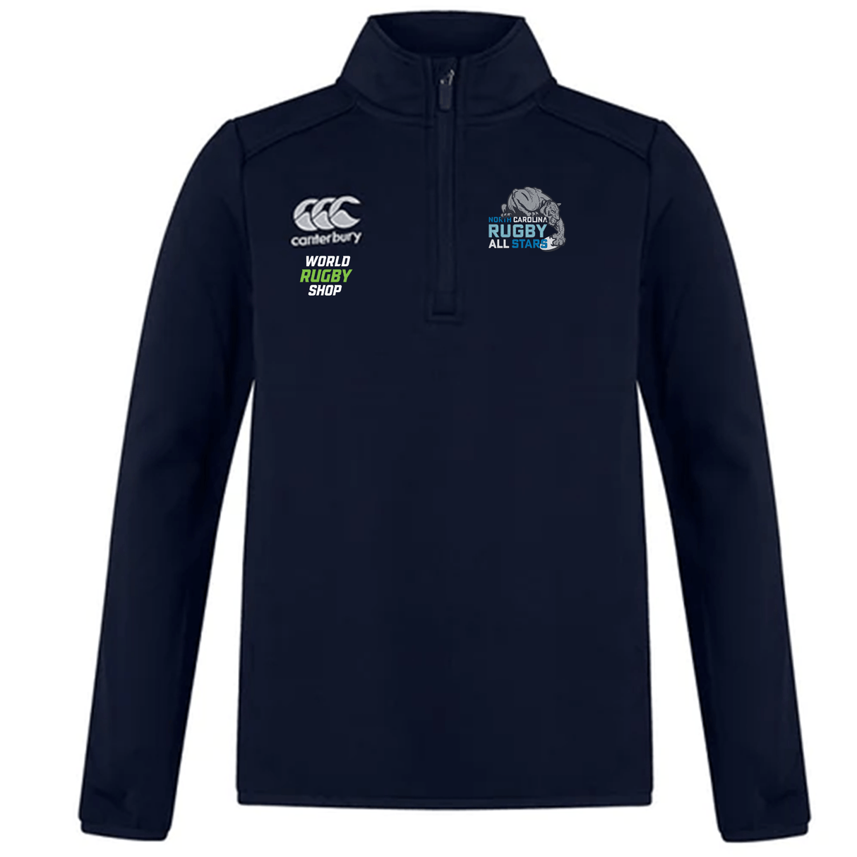 A navy blue long-sleeve pullover with a quarter-zip and logos for Canterbury, World Rugby Shop, and Rugby All Stars. Designed as a rugby training top with modern fit, it features soft fleece fabric for ultimate comfort. Introducing the NC All Stars Club 1/4 Zip Mid Layer Training Top by Canterbury from EMB Canterbury.