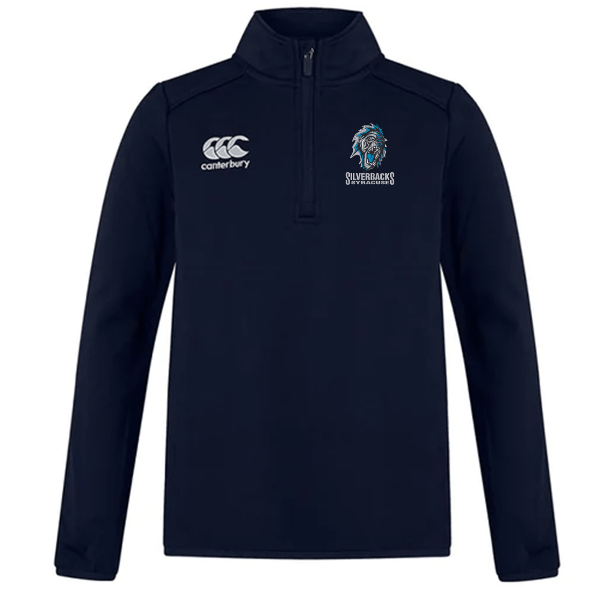 Syracuse Silverbacks Club 1/4 Zip Mid Layer Training Top by EMB Canterbury with a "Canterbury" logo on the left side, "Silverbacks" logo on the right side, and a high collar. Perfect for the rugby season, this pullover is made from comfortable polyester fleece to keep you warm during practice sessions.