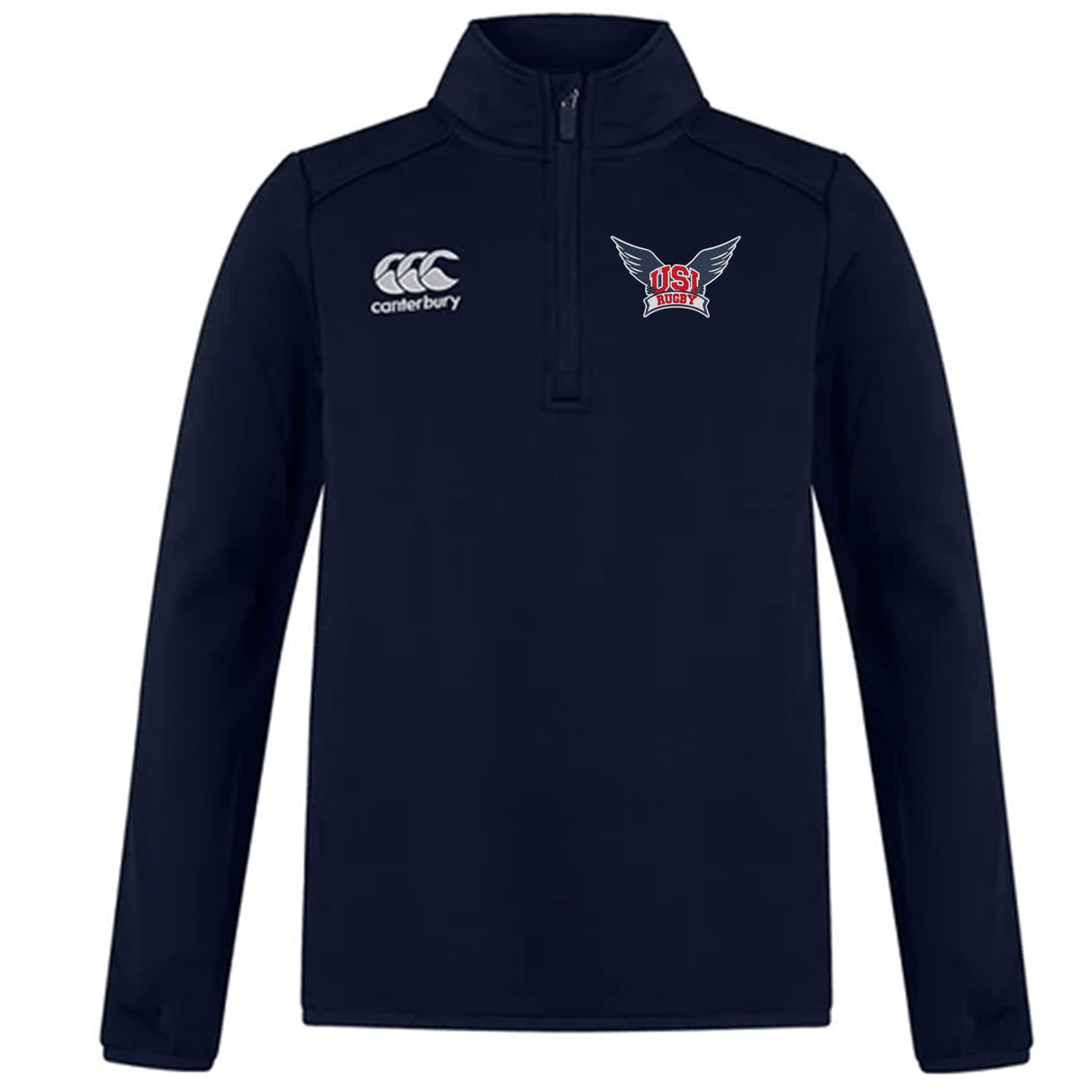 A navy blue University of Southern Indiana Club 1/4 Zip Mid Layer Training Top by Canterbury. It features a white "EMB Canterbury" logo on the left chest and a red, white, and blue "USA Rugby" emblem on the right chest. Made from soft fleece fabric for added comfort.