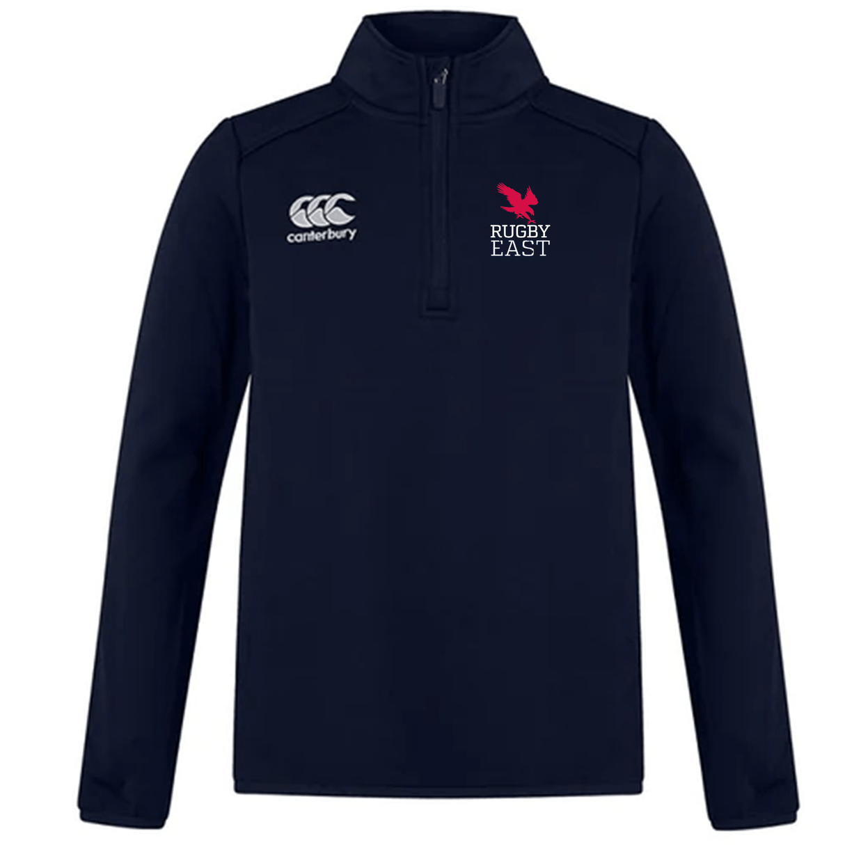 A navy long-sleeve pullover with a quarter-zip, featuring white Canterbury logo on the left chest and a red Rugby East logo on the right chest. This modern fit Rugby training top is crafted from premium fleece fabric for warmth and comfort. The product is called **Rugby East Conference Club 1/4 Zip Mid Layer Training Top by Canterbury**, and it is by the brand **EMB Canterbury**.
