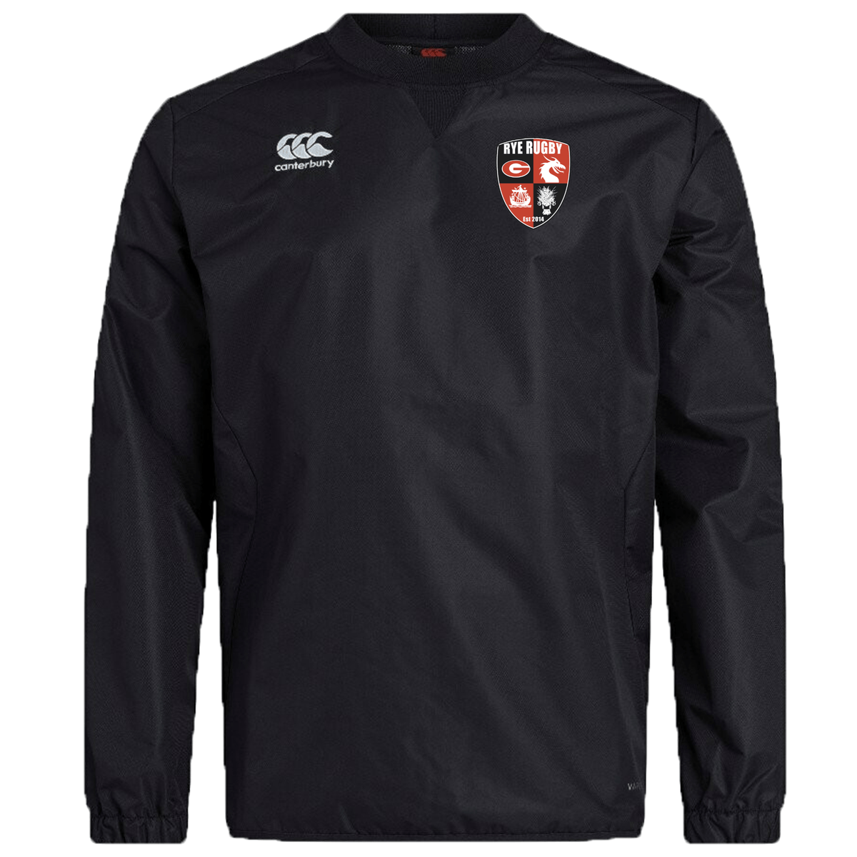 Black long-sleeve Rye High School Rugby Club Vaposhield Contact Top with EMB Canterbury logo on the left chest, a team emblem on the right, and Vaposhield water repellent technology.