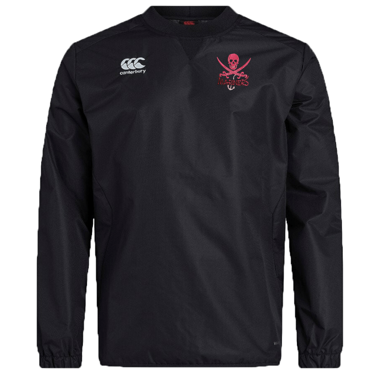 Black long-sleeve SUNY Maritime Club Vaposhield Contact Top by EMB Canterbury featuring a Vaposhield water repellent technology, Canterbury logo on the right chest, and a red rose emblem on the left chest.