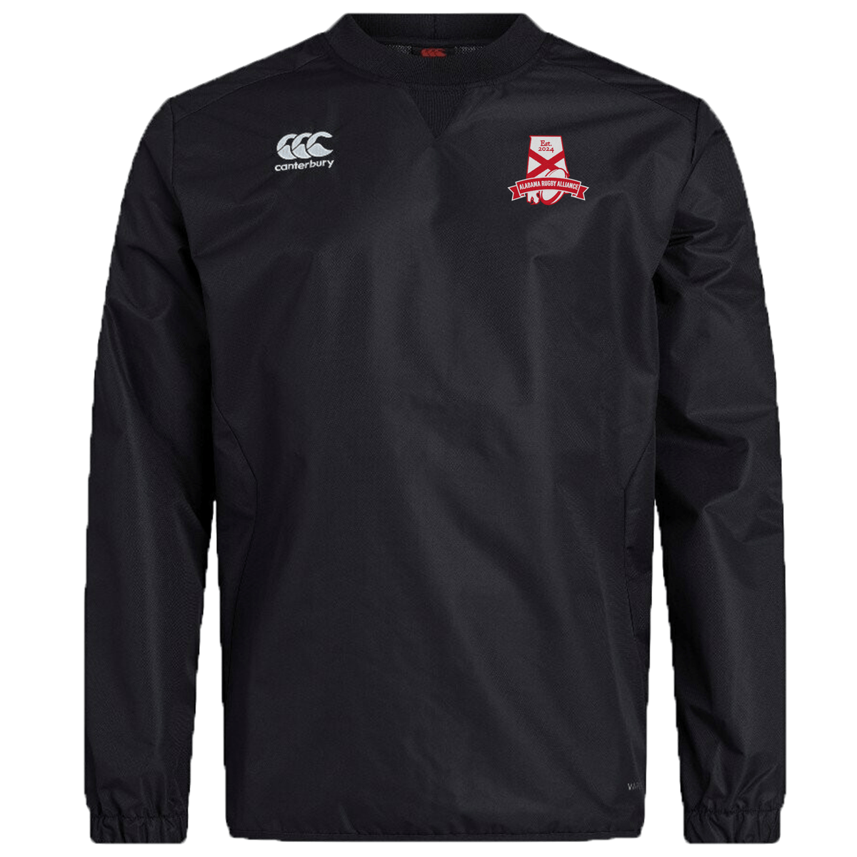 Black long-sleeve sports jersey with the EMB Canterbury logo on the right chest and a red and white team emblem on the left chest, crafted from Vaposhield fabric.